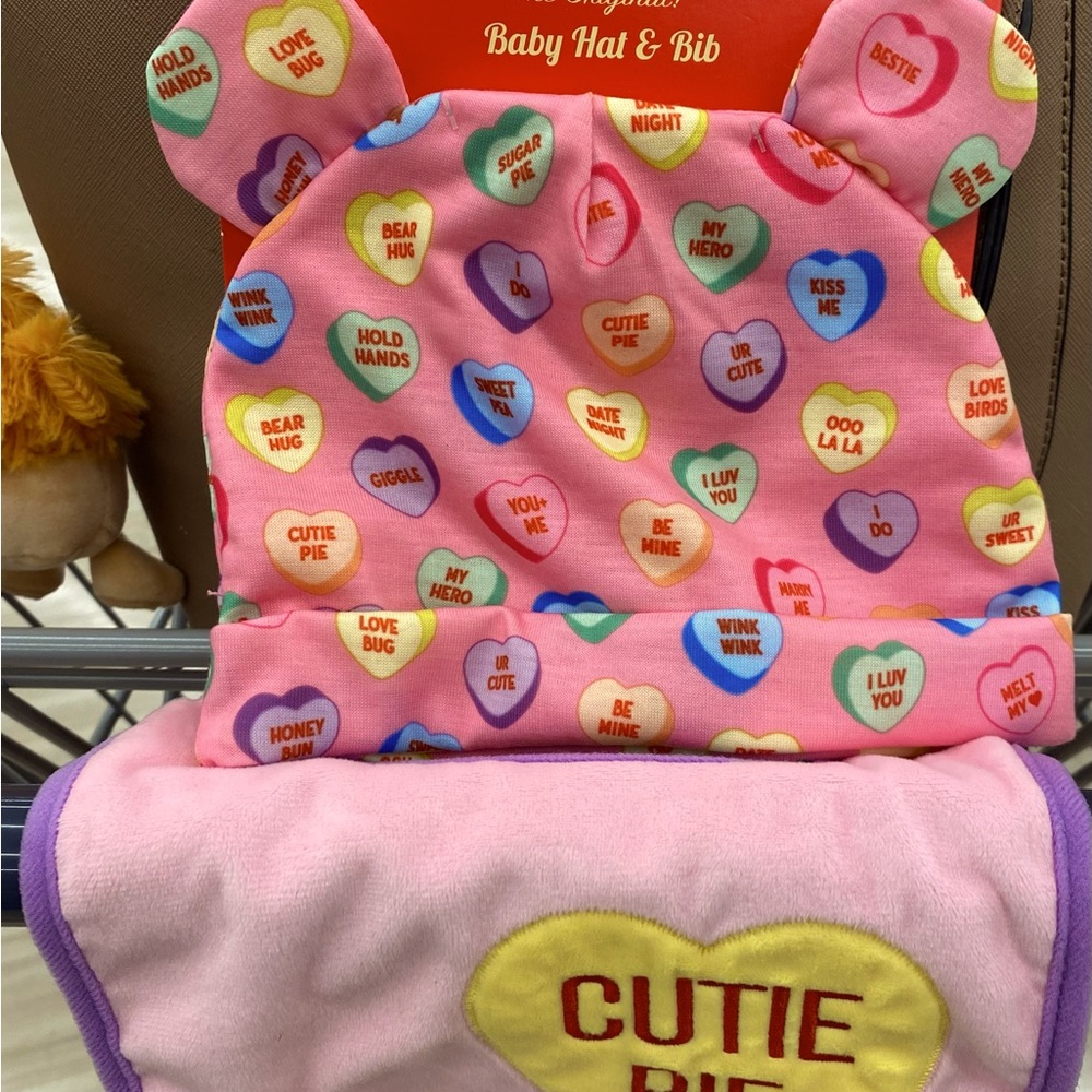 Sweethearts Bib & Hat For Infants. Adorable!! BNWT!! Bib is pink, not lavender